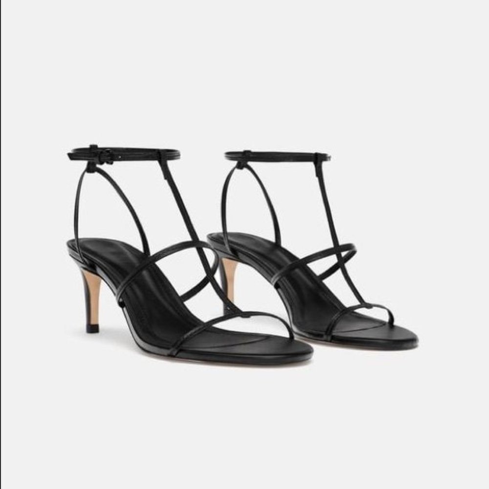 ZARA BLACK LEATHER HIGH HEELED STRAPPY SANDALS